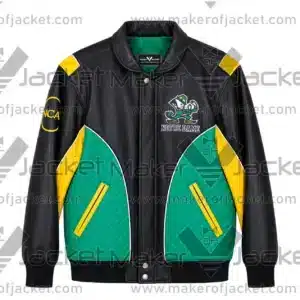 Front View Of Vintage Notre Dame Leather Jacket Featuring stand up collar, notre dame logos and waist pockets.