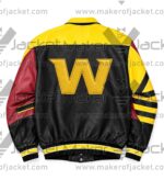 Back View of hington Commanders Leather Jacket Featuring large team logo.