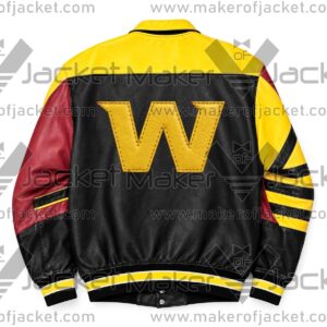 Back View of hington Commanders Leather Jacket Featuring large team logo.
