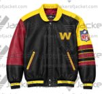 Front View Of Washington Commanders Leather Jacket Featuring stand up collar, chest and NFL logos.