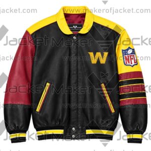 Front View Of Washington Commanders Leather Jacket Featuring stand up collar, chest and NFL logos.