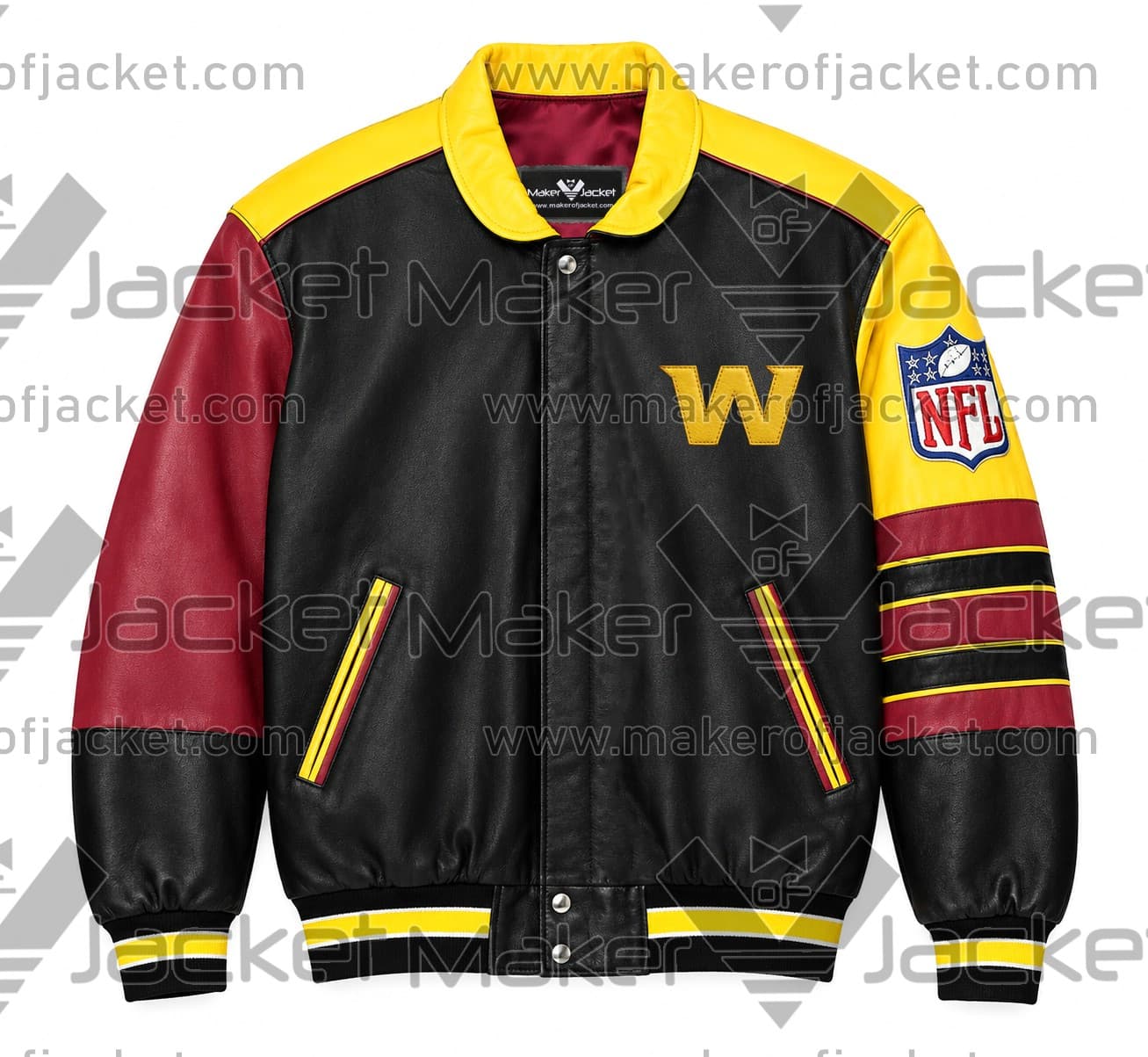 Washington-Commanders-Leather-Jacket-Front-Image Front View Of Washington Commanders Leather Jacket Featuring stand up collar, chest and NFL logos.