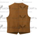Back View Of Western Brown Leather Vest Featuring Buckle Belt on Back.