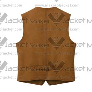 Back View Of Western Brown Leather Vest Featuring Buckle Belt on Back.