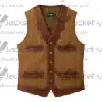 Front View Of Western Brown Leather Vest Featuring V NecK collar and button style closure.