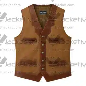 Front View Of Western Brown Leather Vest Featuring V NecK collar and button style closure.