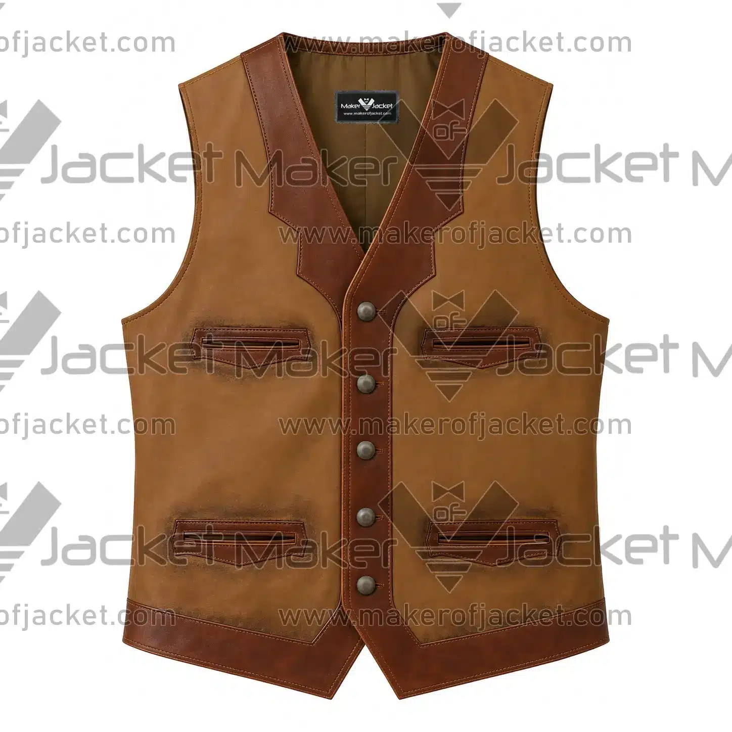 Western-Brown-Leather-Vest-Front-Image Front View Of Western Brown Leather Vest Featuring V NecK collar and button style closure.
