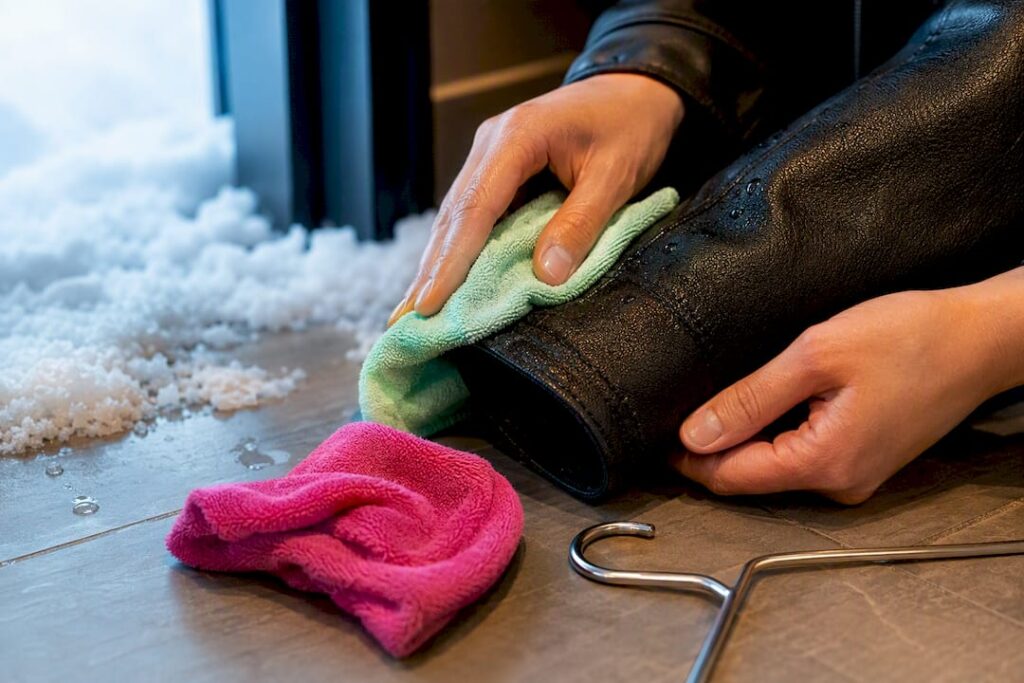 Hands drying a leather jacket cuff after snow