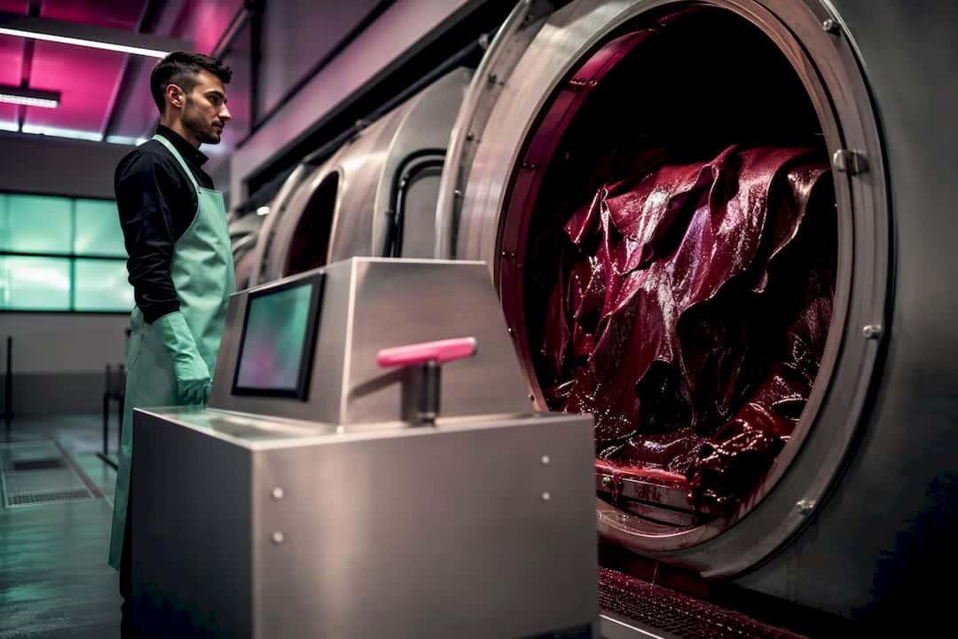 Leather hides rotating inside dyeing drum