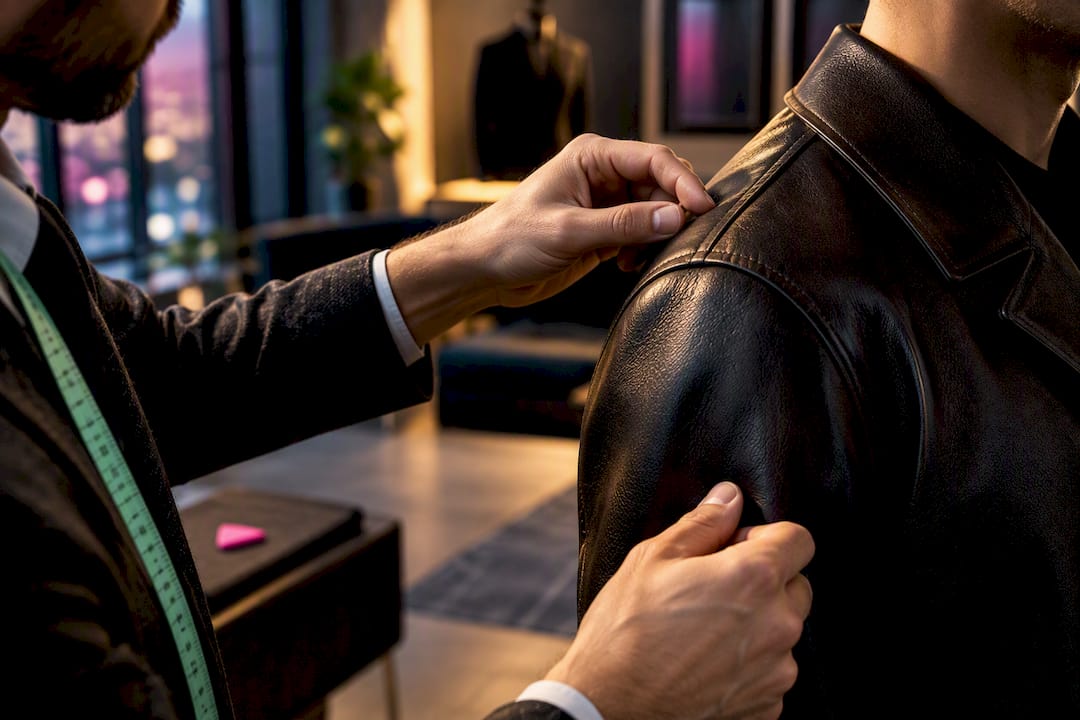 Tailor checking jacket shoulder fit