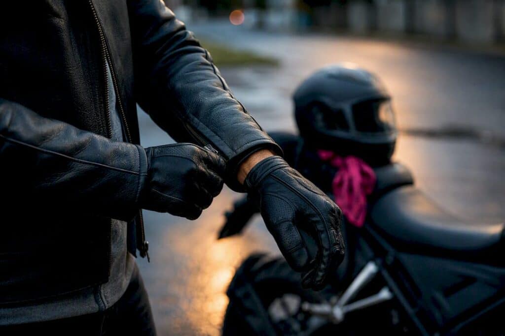 Rider adjusting jacket cuff roadside