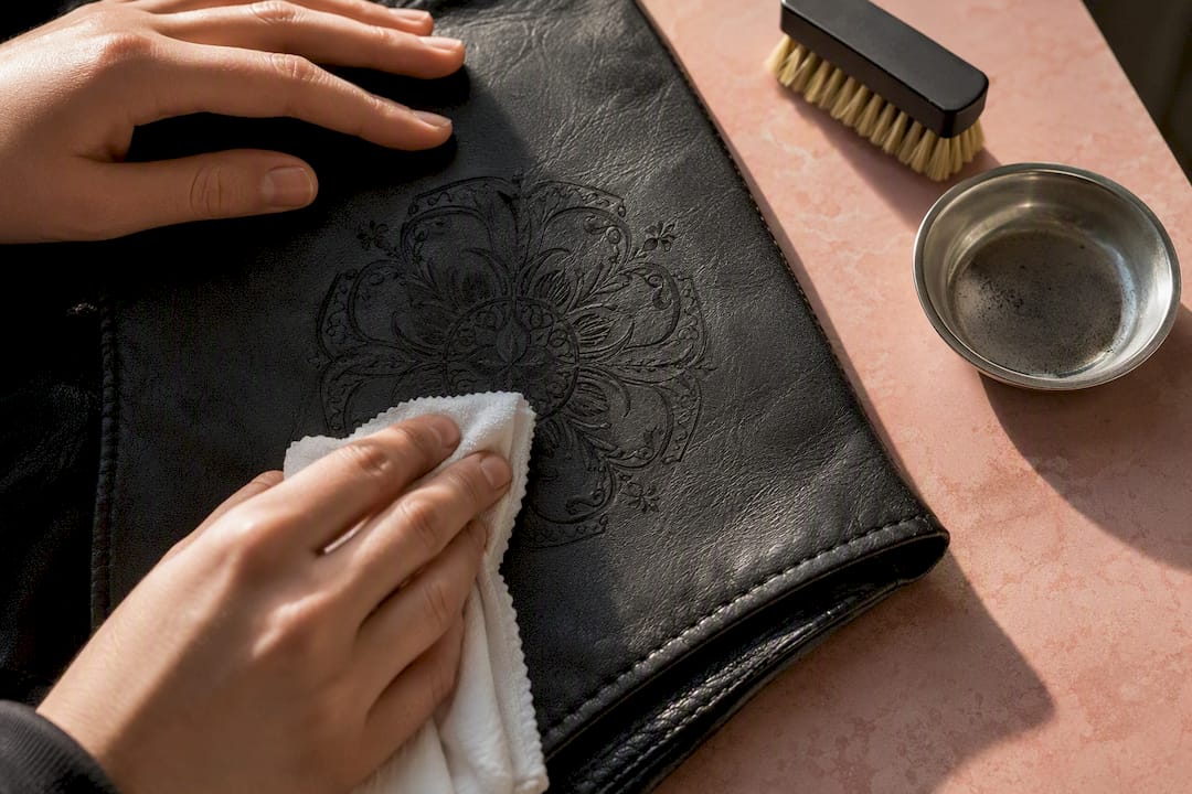 Cloth removing residue from engraved leather