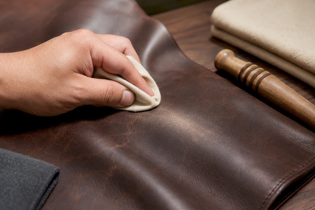 Hand buffing a light scuff on leather