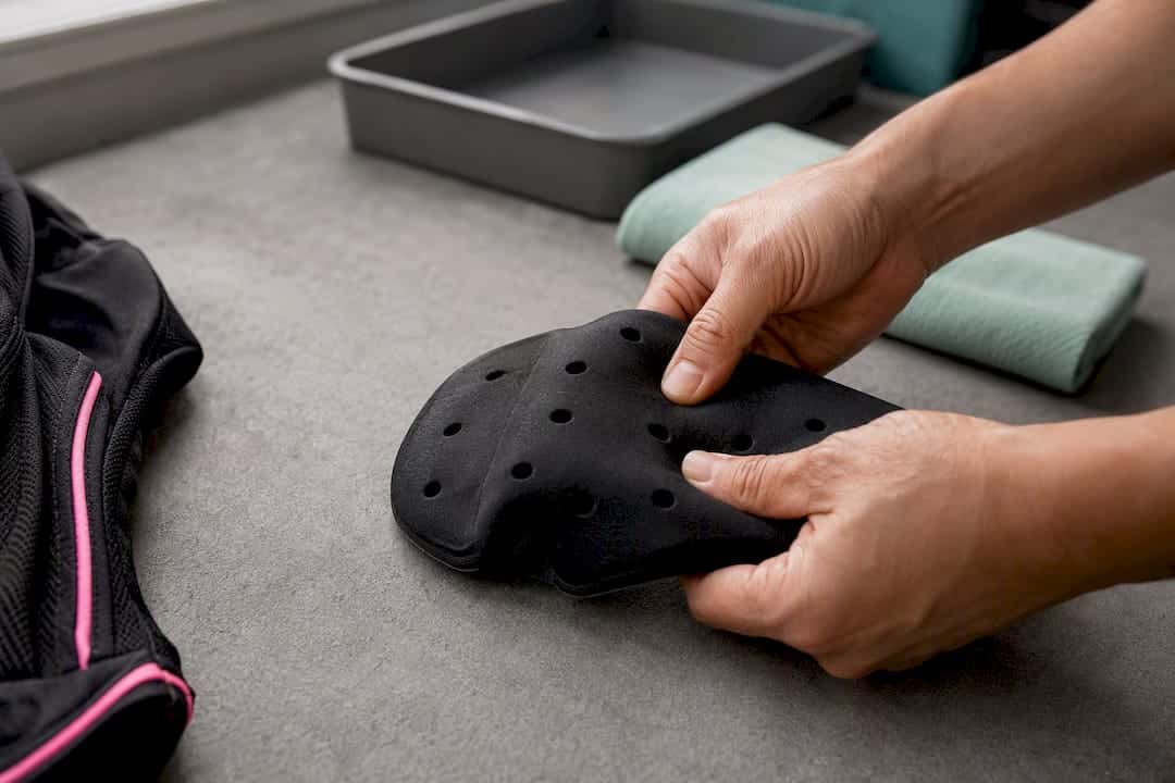 Hands testing motorcycle armor pad resilience