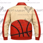 Back View Of BRND Basketball Leather Jacket featuring bold basketball graphics on cream, red, and black leather.