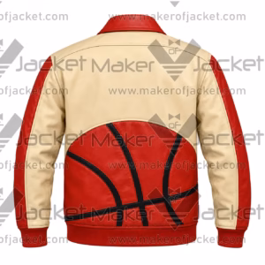 Back View Of BRND Basketball Leather Jacket featuring bold basketball graphics on cream, red, and black leather.