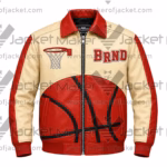Front View Of BRND Basketball Leather Jacket Featuring cream, red, and black with basketball graphics, shirt-style collar, and YKK zipper closure.