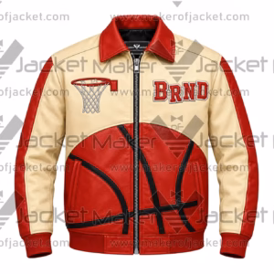 Front View Of BRND Basketball Leather Jacket Featuring cream, red, and black with basketball graphics, shirt-style collar, and YKK zipper closure.