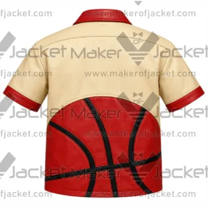 Back View Of BRND Basketball Leather Shirt featuring bold basketball graphics on cream, red, and black leather.