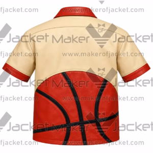 Back View Of BRND Basketball Leather Shirt featuring bold basketball graphics on cream, red, and black leather.