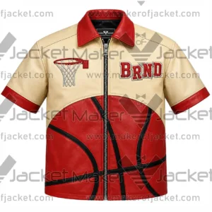 Front View Of BRND Basketball Leather Shirt Featuring cream, red, and black with basketball graphics, shirt-style collar, and YKK zipper closure.