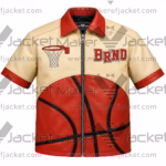 Front View Of BRND Basketball Leather Shirt Featuring cream, red, and black with basketball graphics, shirt-style collar, and YKK zipper closure.