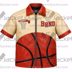 Front View Of BRND Basketball Leather Shirt Featuring cream, red, and black with basketball graphics, shirt-style collar, and YKK zipper closure.