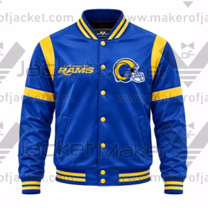 Front View of Blue Yellow Rams Satin Jacket Featuring White and navy Accents and Team Logos.