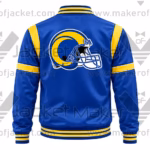 Back View Of Blue Yellow Rams Satin Jacket Featuring Large LA Rams Helmet Logo.