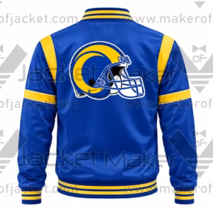 Back View Of Blue Yellow Rams Satin Jacket Featuring Large LA Rams Helmet Logo.