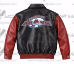 Back View Of Colorado Avalanche leather jacket Featuring buttoned cuffs and elastic waistband With Colorado avalanche Spell Logo on back.