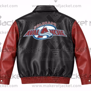 Back View Of Colorado Avalanche leather jacket Featuring buttoned cuffs and elastic waistband With Colorado avalanche Spell Logo on back.