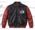 Front View Of Colorado Avalanche leather jacket Featuring Shirt style Collar With Colorado avalanche Logo on chest.