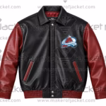 Front View Of Colorado Avalanche leather jacket Featuring Shirt style Collar With Colorado avalanche Logo on chest.