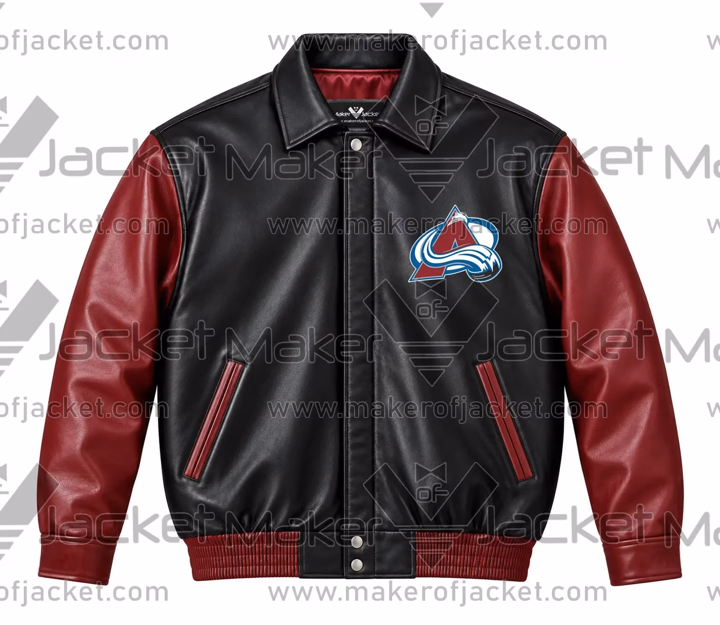 Colorado-Avalanche-Leather-Jacket-Front Front View Of Colorado Avalanche leather jacket Featuring Shirt style Collar With Colorado avalanche Logo on chest.