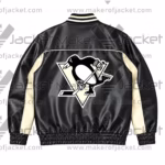 Back View Of Penguins hockey team jacket Featuring Elastic cuffs and waistband With Penguins Logo on back.