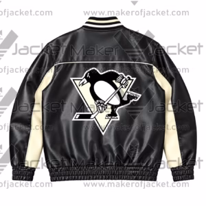 Back View Of Penguins hockey team jacket Featuring Elastic cuffs and waistband With Penguins Logo on back.