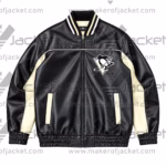 Front View Of Penguins hockey team jacket Featuring Rib Knit Collar With Penguins Logo on chest.