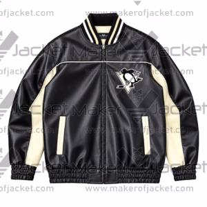 Front View Of Penguins hockey team jacket Featuring Rib Knit Collar With Penguins Logo on chest.