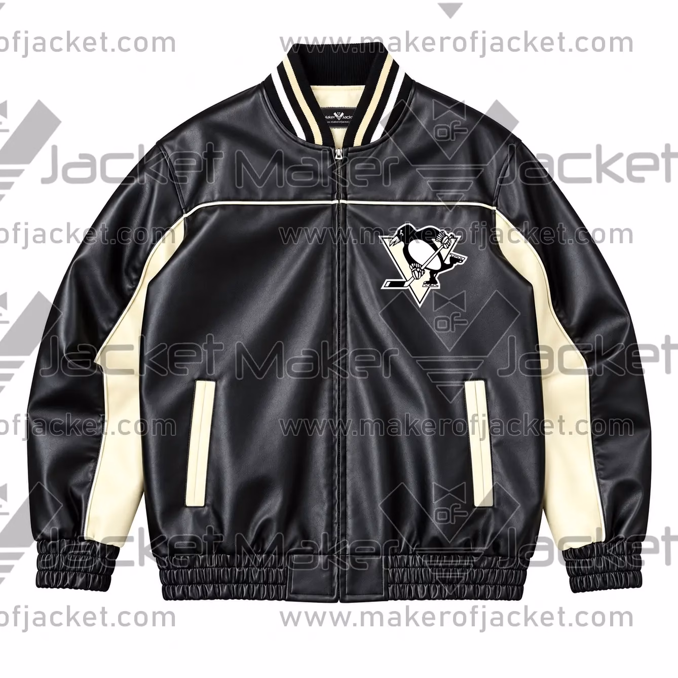 Penguins-Hockey-Team-Jacket-Front-Image Front View Of Penguins hockey team jacket Featuring Rib Knit Collar With Penguins Logo on chest.