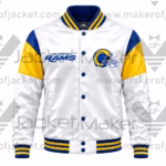 Front View of Rams Football Team Satin Jacket Featuring Blue and Gold Accents and Team Logos.