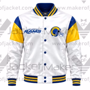 Front View of Rams Football Team Satin Jacket Featuring Blue and Gold Accents and Team Logos.