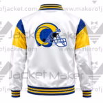 Back View Of Rams Football Team Satin Jacket Featuring Large LA Rams Helmet Logo.