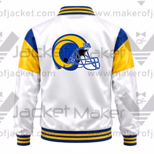 Back View Of Rams Football Team Satin Jacket Featuring Large LA Rams Helmet Logo.