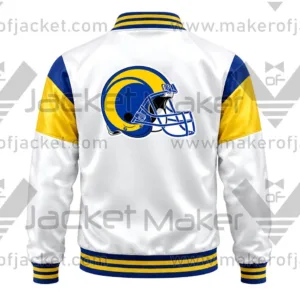 Back View Of Rams Football Team Satin Jacket Featuring Large LA Rams Helmet Logo.