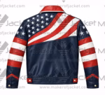 Back View Of USA flag biker leather jacket Featuring buttoned cuffs and Open hem hemline With USA Flag Design.