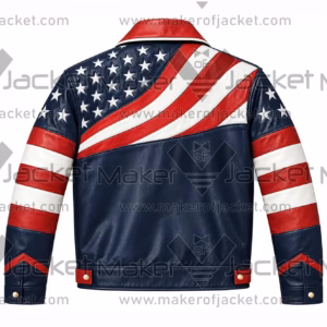 Back View Of USA flag biker leather jacket Featuring buttoned cuffs and Open hem hemline With USA Flag Design.