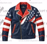 Front View Of USA flag biker leather jacket Featuring Lapel style Collar With Zipper pockets and USA Flag Design on front.