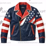 Front View Of USA flag biker leather jacket Featuring Lapel style Collar With Zipper pockets and USA Flag Design on front.