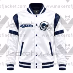 Front View of White Navy Rams Satin Jacket Featuring White and navy Accents and Team Logos.